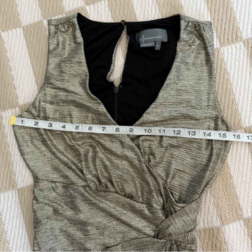 Anthropologie Gold Metallic Faux Wrap Side Ruched Dress - Picture 6 of 8